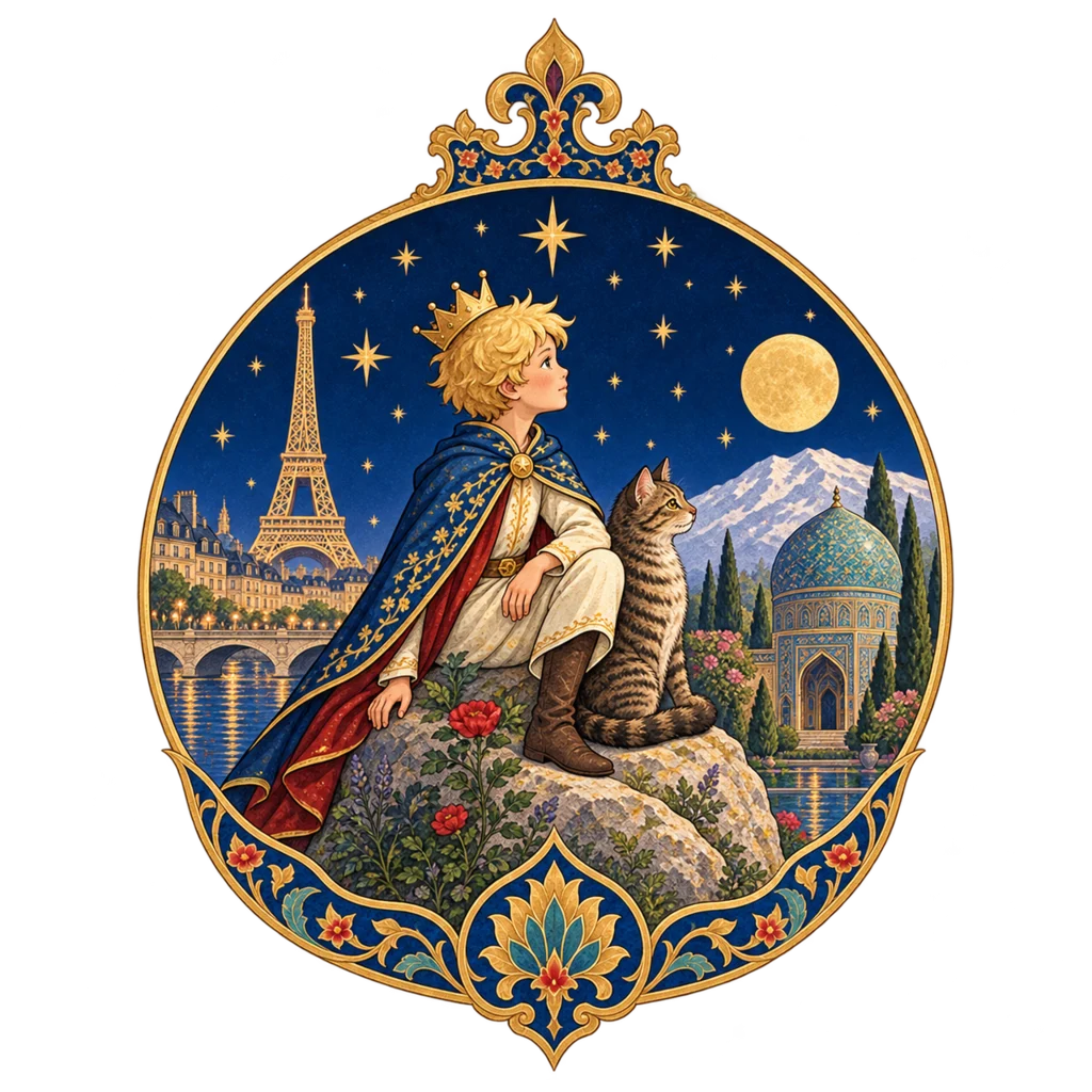 The Savafi crest: a young prince and his cat sitting on a rock between Paris and Isfahan under a starry sky.